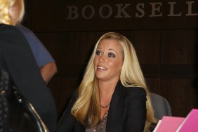 Kendra Wilkinson, black jacket, brown shirt, layered necklace